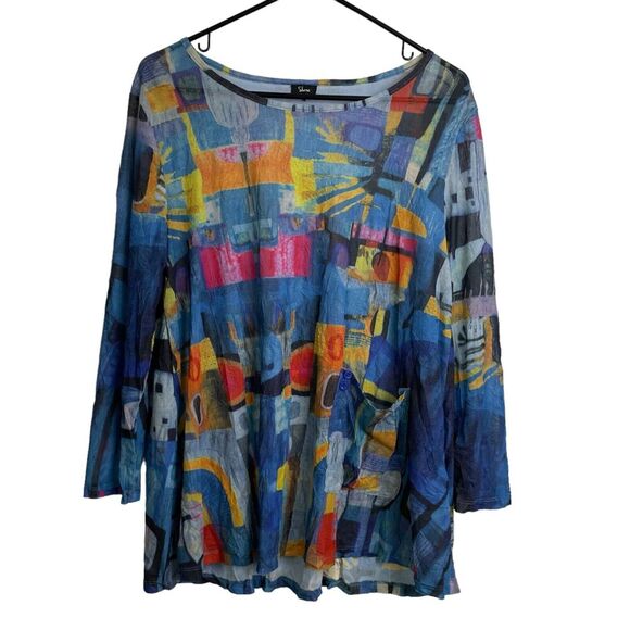 Shara Womens Small Tunic Top Blue Yellow Multicolor Art to Wear Colorful Sheer - Picture 1 of 10